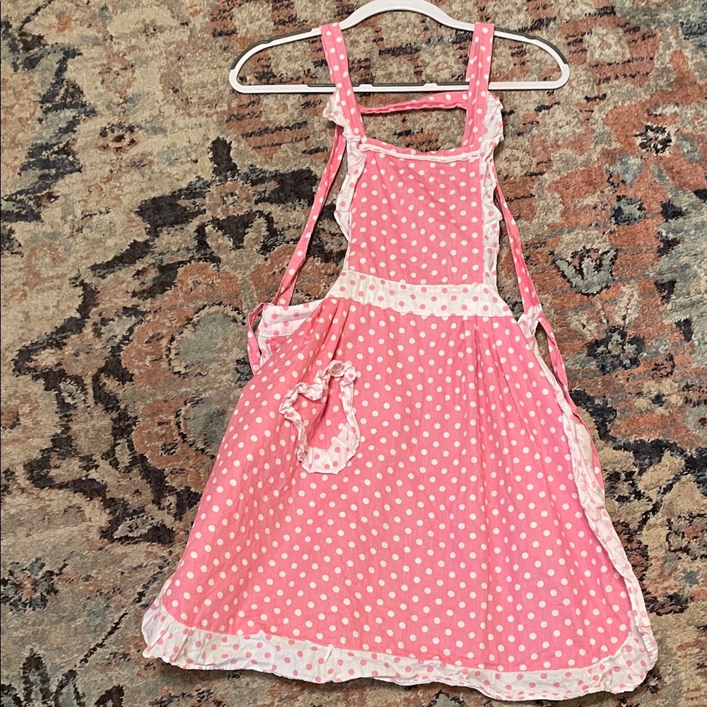 Women's Pink Polka Dot Apron Dress with White Trim
